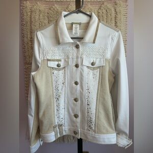 Stylish White and Beige Jean Jacket with Metallic Accents